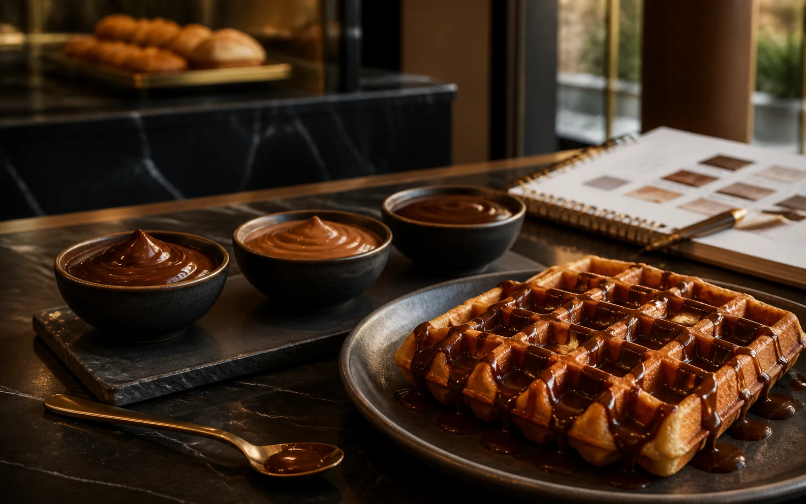 Profesyonel kafede waffle sosu kıvamlarının karşılaştırıldığı tadım sunumu