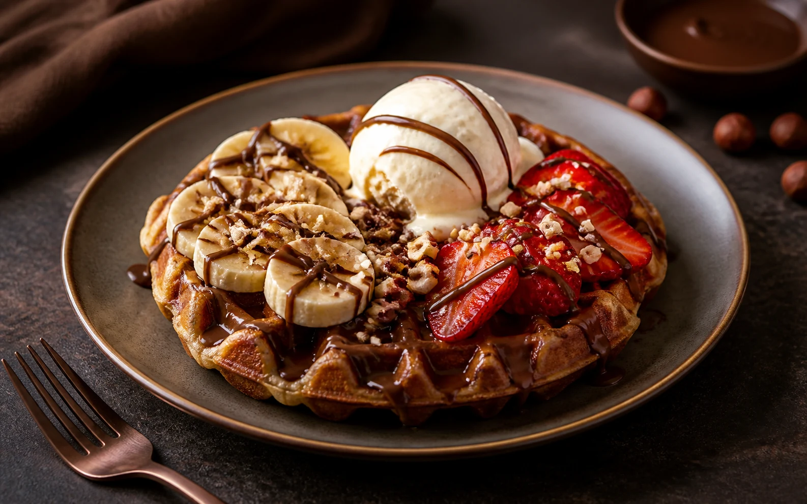 Çikolata sosu, muz, çilek ve dondurmayla klasik waffle