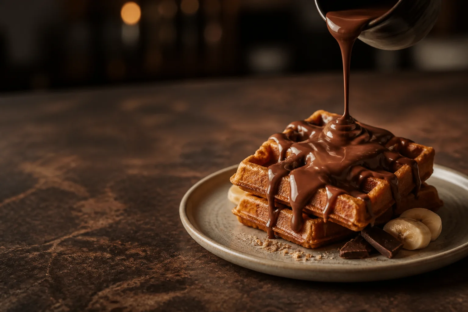Çikolata sosuyla hazırlanan waffle sunumu